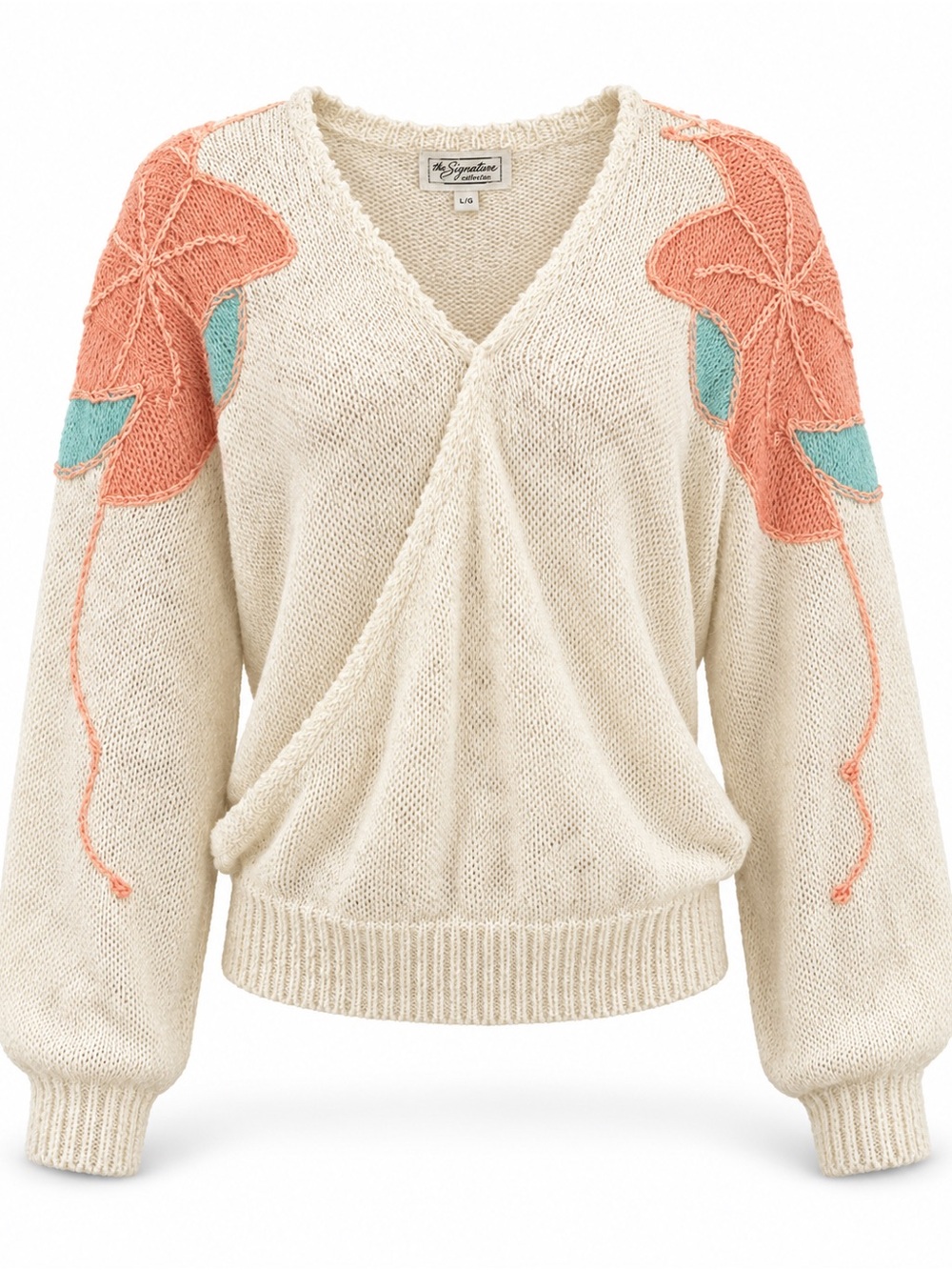 Signature Cream V-Neck Sweater with Coral and Teal Floral Shoulders